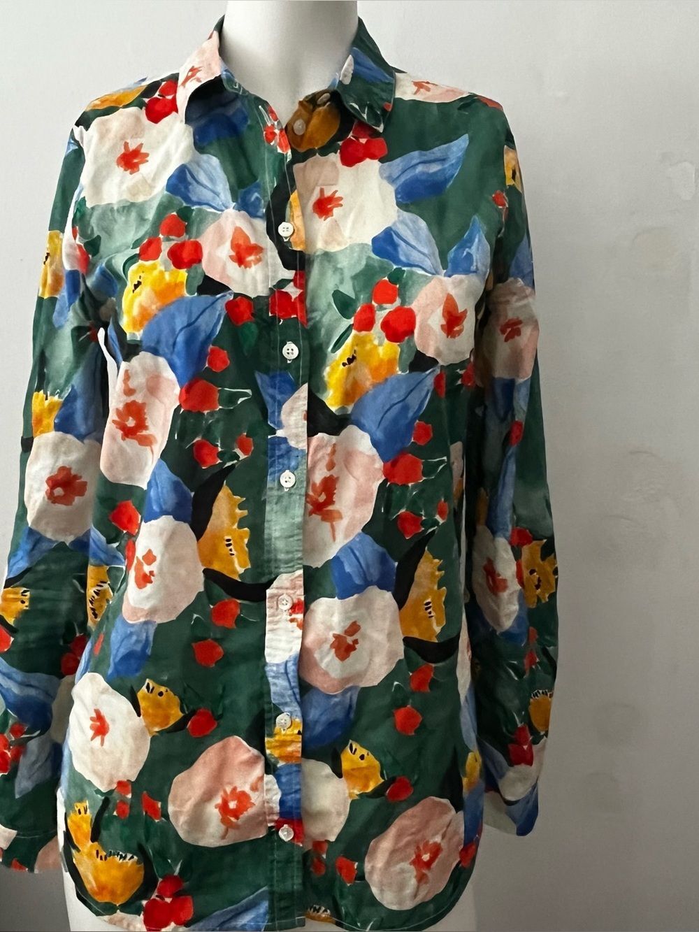 Sezane Pierro Shirt XS Pastel Flowers French Sophisticated Cotton Artsy Office